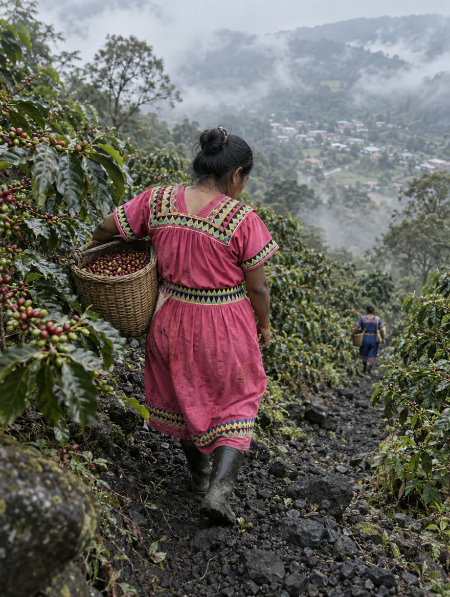 巴拿馬採收工穿著傳統長裙，揹著滿籃咖啡果走下火山碎石小徑