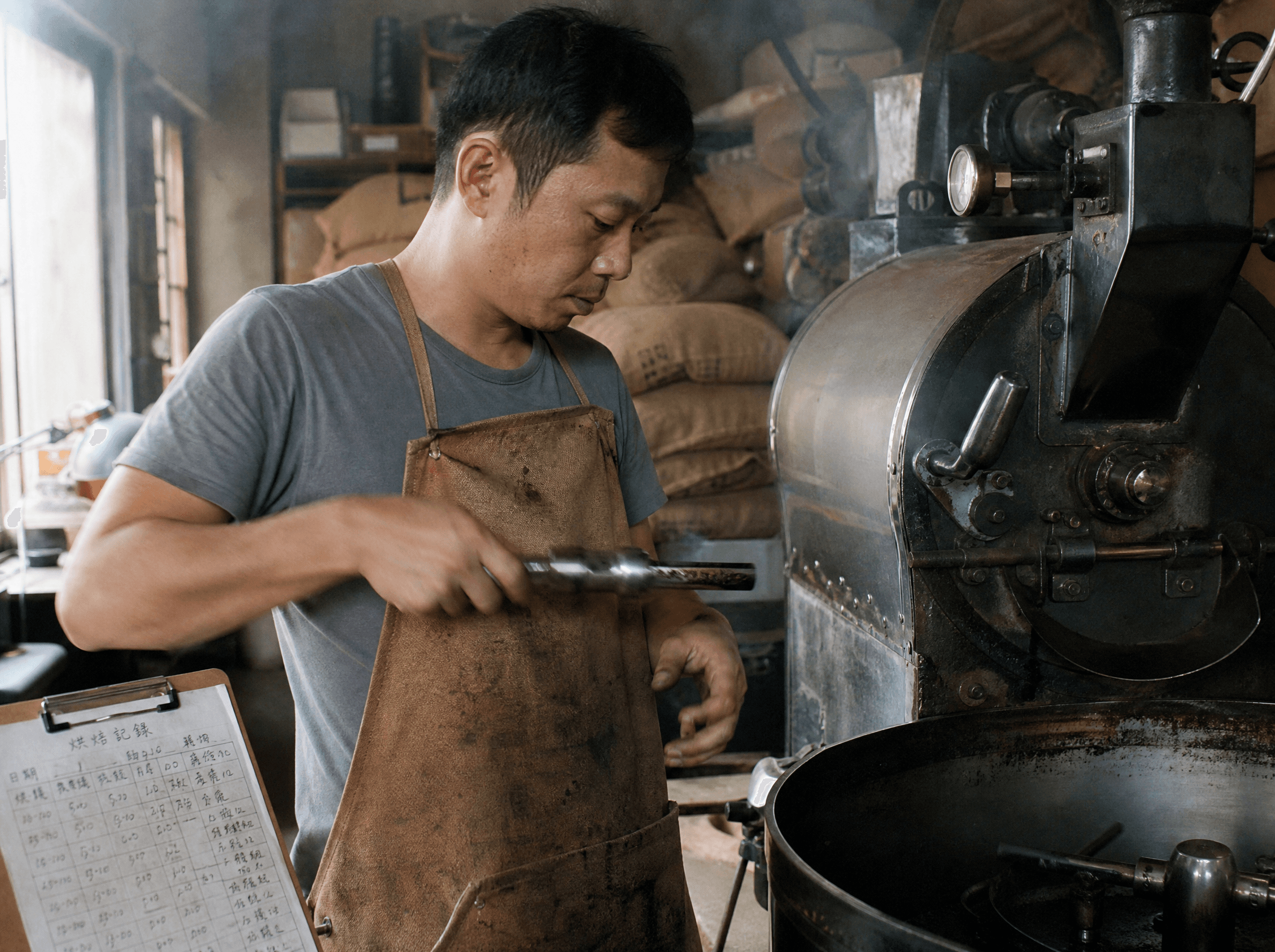 小型烘豆機前,烘豆師拉出取樣勺確認烘焙色澤,蒸氣與豆香瀰漫。