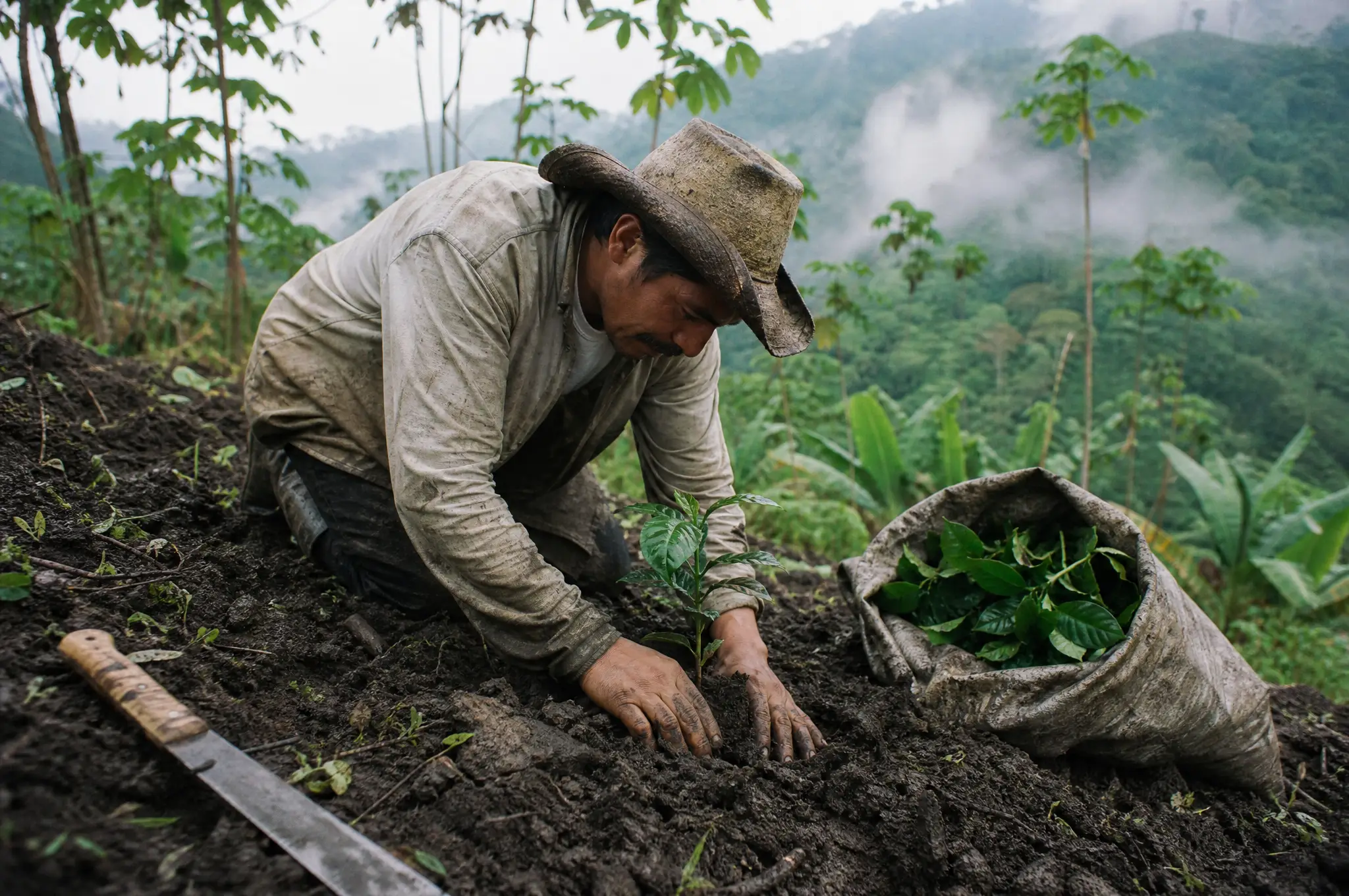 雨後泥濘的山坡上,工人徒手將咖啡幼苗種入火山土壤。