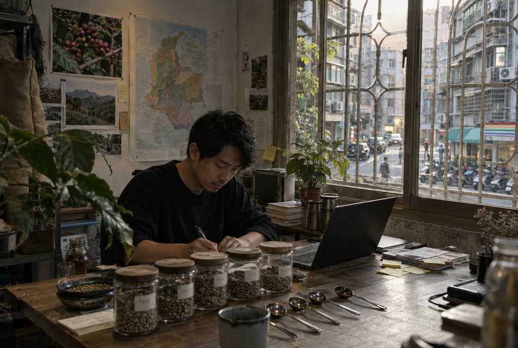 台灣辦公室一隅,樣品豆罐與杯測匙整齊排列,窗外是新莊的日常街景。